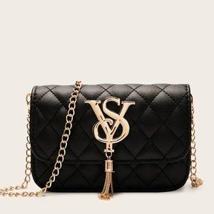 Argyle Quilted Chain Shoulder Bag, Women's Tassel Decor Flap Purse, Mini PU Leat